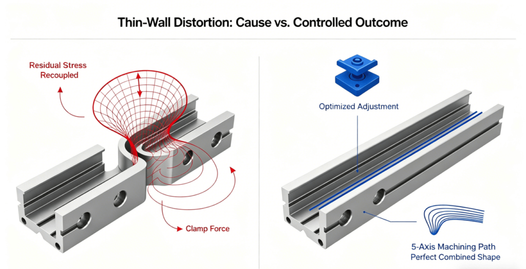 Diagram comparing uncontrolled thin-wall distortion (warped) vs. controlled outcome (straight) through optimized machining strategies.
