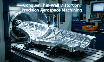 A large 5-axis CNC machine precisely milling a complex thin-wall aluminum aerospace component in a high-tech workshop.