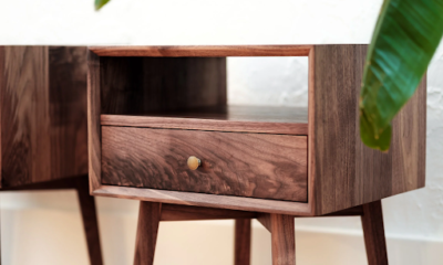 Mid-century modern walnut nightstand in solid wood with tapered legs