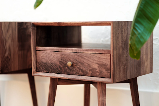 Mid-century modern walnut nightstand in solid wood with tapered legs