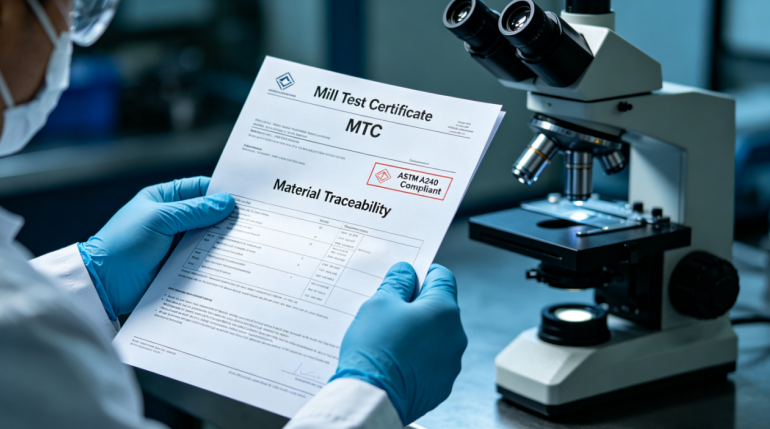 Realistic photo of an engineer's gloved hand holding a Mill Test Certificate (MTC) in a materials lab, with "Material Traceability" and "ASTM A240 Compliant" visible on the document.