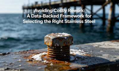 A hyper-realistic close-up of a corroded stainless steel bolt in a marine environment, overlaid with the title "Avoiding Costly Rework: A Data-Backed Framework for Selecting the Right Stainless Steel".