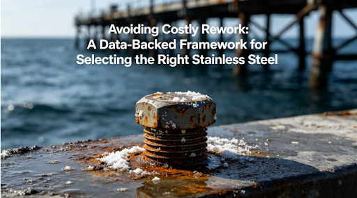 A hyper-realistic close-up of a corroded stainless steel bolt in a marine environment, overlaid with the title "Avoiding Costly Rework: A Data-Backed Framework for Selecting the Right Stainless Steel".