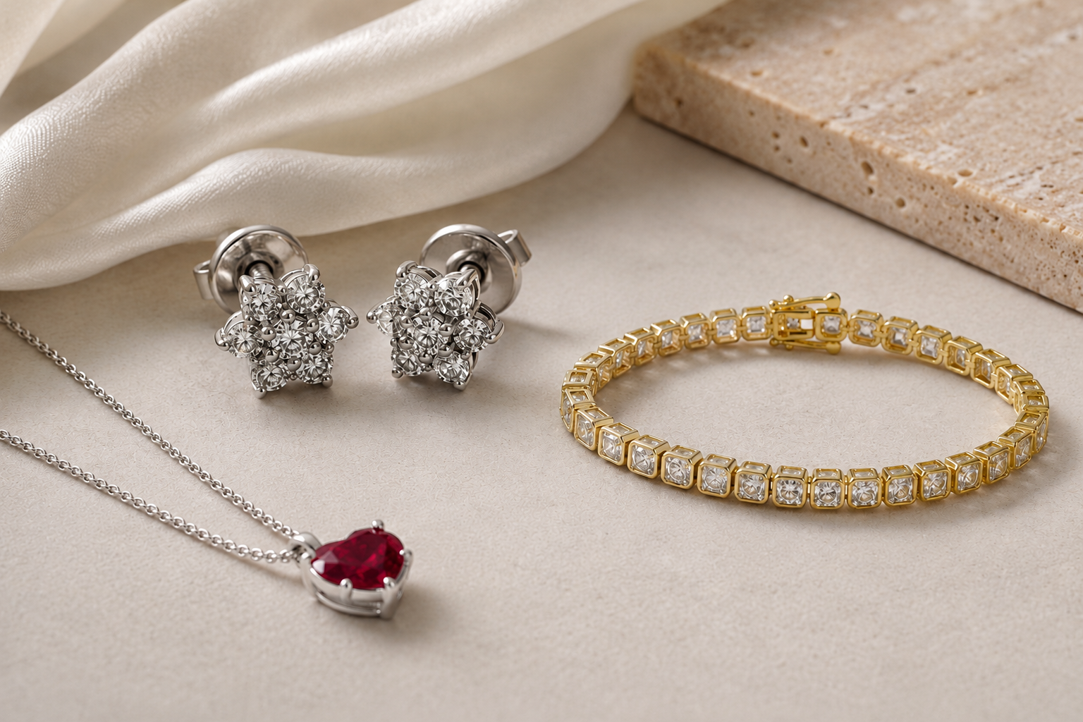 Jewelry set featuring a silver necklace with a red gemstone pendant, diamond cluster stud earrings, and a gold tennis bracelet
