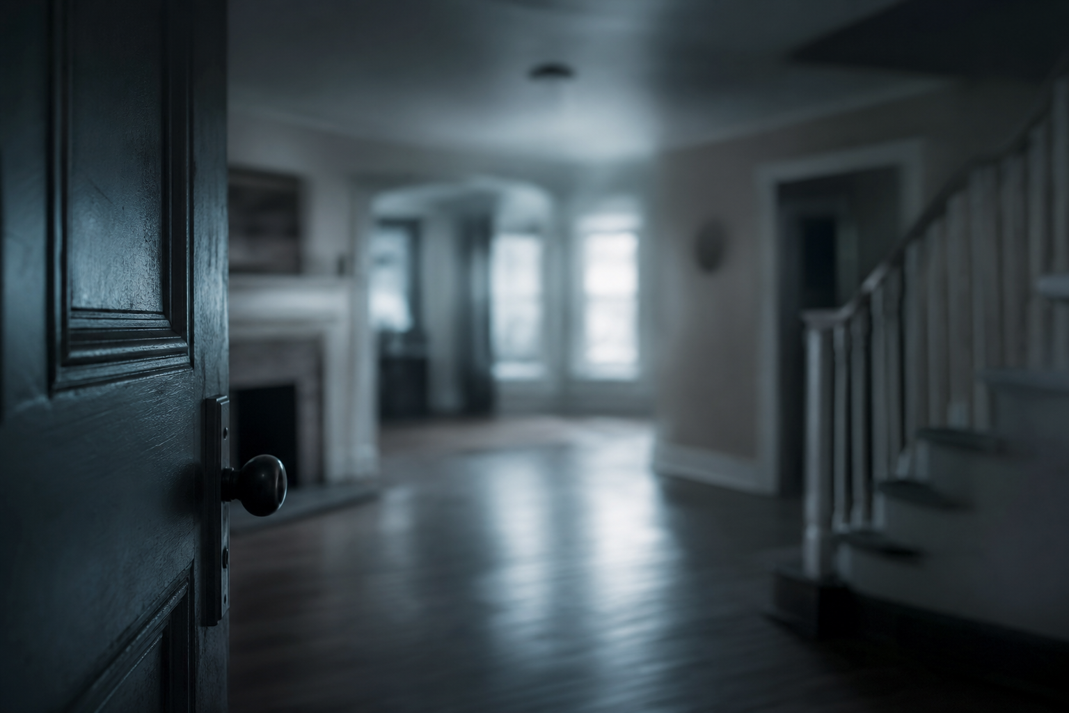 Open door reveals blurred, dimly lit interior.