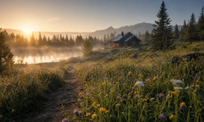 Rustic cabin amidst sunrise landscape with misty forest and flowers.
