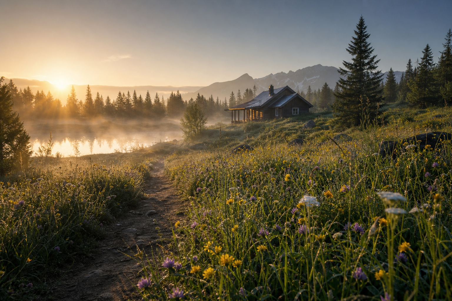 Rustic cabin amidst sunrise landscape with misty forest and flowers.