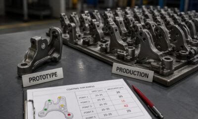 Industrial coating production comparison showing a prototype metal part beside multiple production parts, with a coating thickness inspection sheet showing varying measurements.