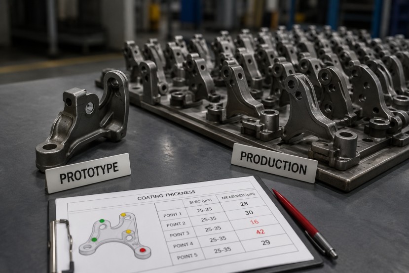Industrial coating production comparison showing a prototype metal part beside multiple production parts, with a coating thickness inspection sheet showing varying measurements.