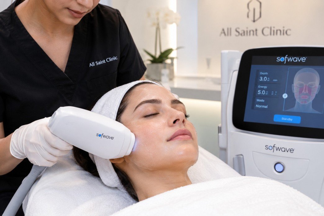 Sofwave skin treatment at All Saint Clinic using advanced ultrasound technology for non-invasive skin tightening and facial rejuvenation.