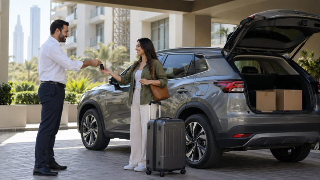 Crossover vehicle handover outside a Dubai residence for an extended stay