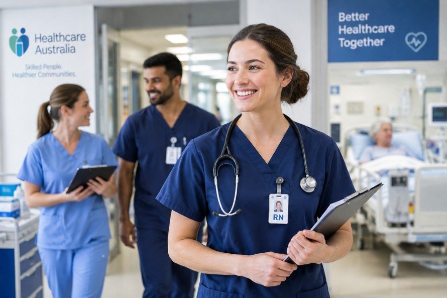 Nursing professionals in a modern Australian hospital, highlighting healthcare staffing solutions and patient care through Healthcare Australia.