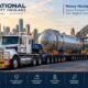 Heavy haulage Sydney by National Heavy Haulage, featuring a prime mover transporting an oversized industrial vessel on a multi-axle low-loader near the Sydney Harbour Bridge.