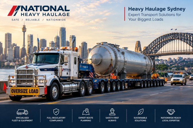 Heavy haulage Sydney by National Heavy Haulage, featuring a prime mover transporting an oversized industrial vessel on a multi-axle low-loader near the Sydney Harbour Bridge.
