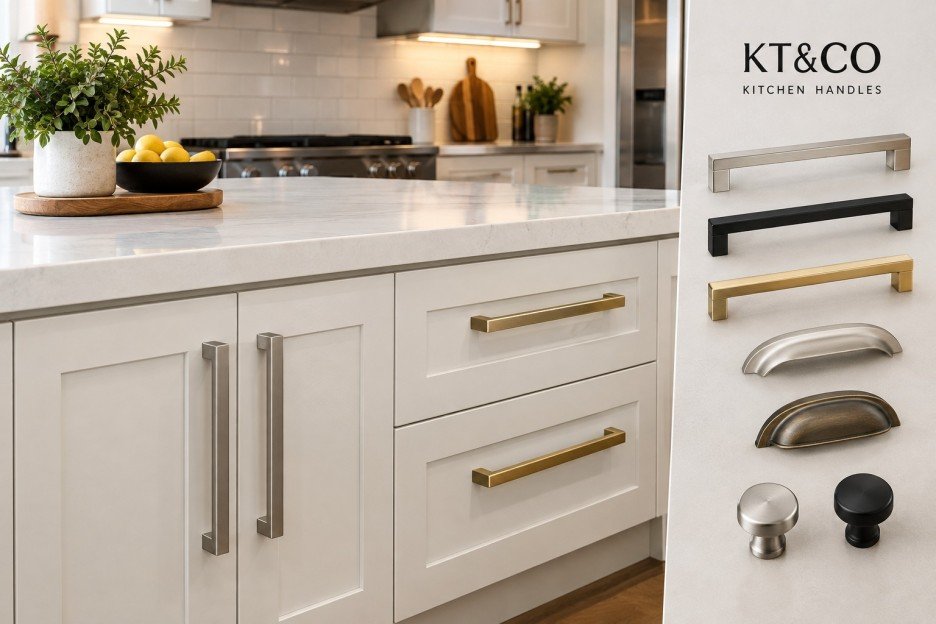 Realistic kitchen interior featuring stylish and durable KT&CO kitchen handles in brushed nickel, matte black, and brass finishes on cream cabinetry.