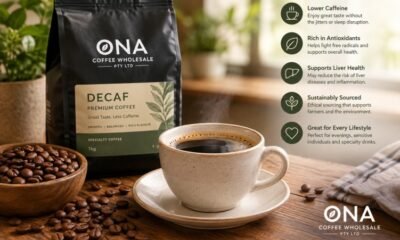 ONA Coffee Wholesale decaf coffee with a freshly brewed cup, roasted coffee beans, and premium decaffeinated coffee packaging highlighting its flavour and lower caffeine content.