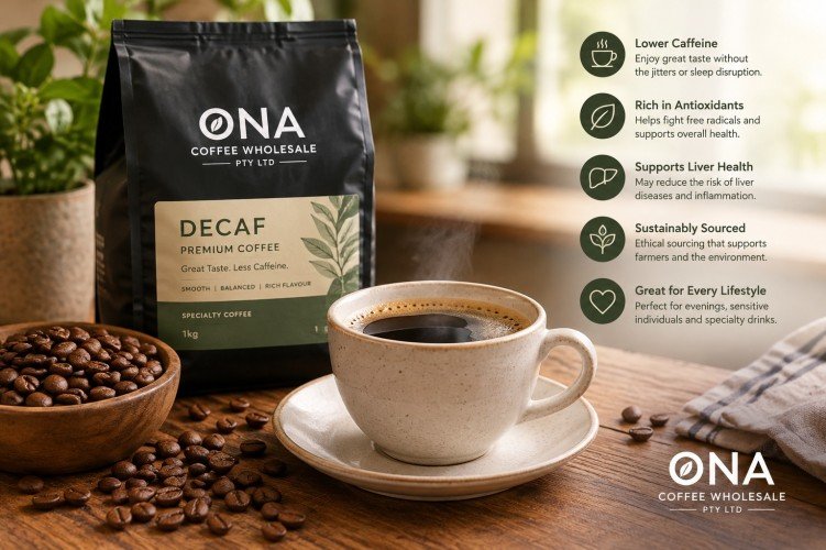 ONA Coffee Wholesale decaf coffee with a freshly brewed cup, roasted coffee beans, and premium decaffeinated coffee packaging highlighting its flavour and lower caffeine content.