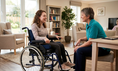 Young adult with a physical disability receiving support in a residential respite care setting.