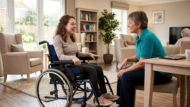 Young adult with a physical disability receiving support in a residential respite care setting.